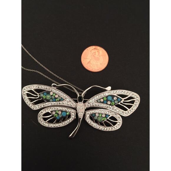 New Silvertone Butterfly Pendant Brooch Necklace on Silvertone Chain 18" - Picture 8 of 8